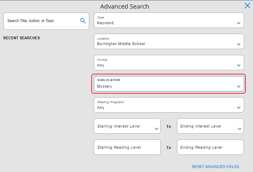 Advanced Search options with Sublocation highlighted.